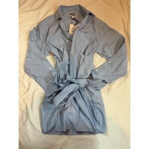 KBB by Kahlana Blue Striped Tie Front Shirt Dress Mini Long Sleeve Cotton M NEW